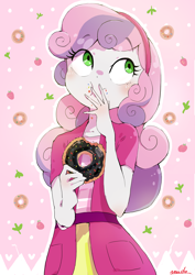Size: 2480x3508 | Tagged: safe, artist:nendo, sweetie belle, equestria girls, blushing, chocolate, cute, diasweetes, donut, eating, female, food, messy eating, solo