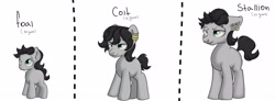 Size: 2048x757 | Tagged: safe, artist:dumbwoofer, oc, oc:charcoal stick, earth pony, pony, age progression, black mane, black tail, chest fluff, colt, ear piercing, earth pony oc, eyebrow piercing, gray coat, male, nose ring, piercing, simple background, smiling, solo, stallion, text, white background