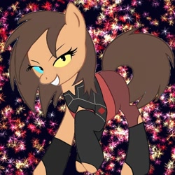 Size: 736x736 | Tagged: safe, artist:ha.ya.fuckin.bbq, derpibooru import, earth pony, pony, abstract background, catra, clothes, eyelashes, female, grin, heterochromia, mare, ponified, raised hoof, raised leg, she-ra and the princesses of power, smiling, solo