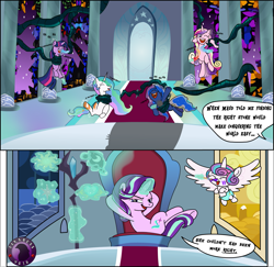 Size: 1563x1520 | Tagged: safe, artist:darktailsko, derpibooru import, princess cadance, princess celestia, princess flurry heart, princess luna, starlight glimmer, twilight sparkle, twilight sparkle (alicorn), alicorn, pony, rock solid friendship, canterlot castle, commission, digital art, eyes closed, fanart, laughing, levitation, magic, one eye closed, open mouth, paintbrush, princess starlight glimmer, staff, staff of sacanas, stained glass window, telekinesis, tentacles, throne, throne room, tickling, usurpation, vine