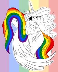 Size: 1080x1351 | Tagged: safe, artist:pony_riart, derpibooru import, princess celestia, alicorn, pony, abstract background, bust, eyelashes, female, gay pride flag, horn, mare, open mouth, pride, pride flag, smiling, solo, wings