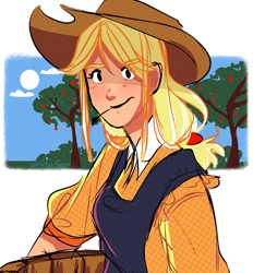 Size: 2688x2894 | Tagged: safe, artist:watchoutoprah, derpibooru import, applejack, human, apple, apple tree, applejack's hat, clothes, cowboy hat, female, hat, humanized, overalls, solo, straw in mouth, sweet apple acres, tree