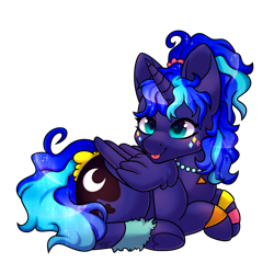 Size: 1280x1280 | Tagged: safe, artist:vexcity, derpibooru import, princess luna, alicorn, pony, 80s princess luna, cute, female, lunabetes, lying down, mare, prone, simple background, smiling, solo, tongue out, transparent background