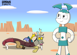 Size: 2296x1666 | Tagged: safe, artist:gradiusfanatic, derpibooru import, discord, draconequus, robot, abuse, anti-brony, crossover, desert, jenny wakeman, my life as a teenage robot