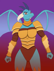 Size: 720x936 | Tagged: safe, artist:afhybrid, derpibooru import, princess ember, anthro, dragon, amazon, armor, breasts, dragon armor, dragoness, female, fire, lizard breasts, princess embreast, solo, spread wings, wings