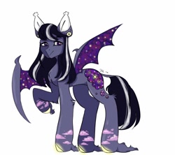 Size: 1024x910 | Tagged: safe, artist:kxyluna, derpibooru import, oc, oc only, bat pony, pony, bat pony oc, bat wings, ear piercing, hoof fluff, leonine tail, piercing, raised hoof, raised leg, simple background, solo, starry wings, white background, wings