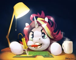 Size: 1555x1234 | Tagged: safe, artist:anticular, derpibooru import, oc, oc only, pony, unicorn, circuit board, coffee mug, female, lamp, mare, mouth hold, mug, soldering iron, solo