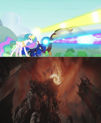 Size: 1333x1628 | Tagged: safe, artist:jamnetwork, derpibooru import, discord, princess celestia, princess luna, alicorn, draconequus, pony, the ending of the end, barad-dûr, eye of sauron, female, lord of the rings, magic, male, mare, mordor, return of the king, sauron