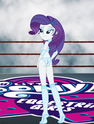 Size: 1340x1765 | Tagged: safe, artist:invisibleink, derpibooru import, rarity, equestria girls, ass, butt, clothes, cutie mark, elbow pads, female, knee pads, looking at you, pose, show accurate, solo, sports, sports bra, sports panties, wrestler, wrestling, wrestling ring