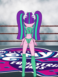 Size: 1340x1765 | Tagged: safe, artist:invisibleink, derpibooru import, aria blaze, equestria girls, ass, butt, clothes, cutie mark, female, knee pads, looking back, show accurate, solo, sports, sports bra, sports panties, wrestler, wrestling, wrestling ring