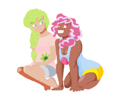 Size: 934x762 | Tagged: safe, artist:squeezemelittle, derpibooru import, oc, oc only, oc:anthea, oc:cotton candy, human, adopted offspring, barefoot, breasts, cleavage, dark skin, duo, feet, female, humanized, humanized oc, kilalaverse, next generation, offspring, parent:fluttershy, parent:pinkie pie, parent:pokey pierce, parents:pokeypie, simple background, smiling, white background