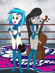 Size: 1340x1765 | Tagged: safe, artist:invisibleink, derpibooru import, dj pon-3, octavia melody, vinyl scratch, equestria girls, ass, breasts, butt, cello, clothes, cutie mark, elbow pads, female, knee pads, looking at you, musical instrument, record, sports, sports bra, sports panties, wrestler, wrestling, wrestling ring