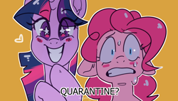 Size: 1600x911 | Tagged: safe, artist:goshhhh, derpibooru import, pinkie pie, twilight sparkle, earth pony, pony, unicorn, blushing, duo, ears, floppy ears, frown, heart, palindrome get, quarantine, simple background, smiling, starry eyes, sweat, varying degrees of want, wingding eyes, yellow background