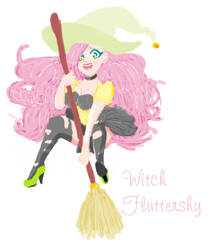Size: 970x1148 | Tagged: safe, artist:squeezemelittle, derpibooru import, fluttershy, human, breasts, broom, cleavage, clothes, hat, high heels, humanized, ripped stockings, shoes, simple background, solo, stockings, thigh highs, torn clothes, white background, witch costume, witch hat