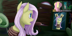 Size: 1280x640 | Tagged: safe, artist:laura-row, derpibooru import, screencap, fluttershy, pegasus, pony, putting your hoof down, cyrillic, mirror, reflection, russian, scene interpretation, screencap reference, tied up