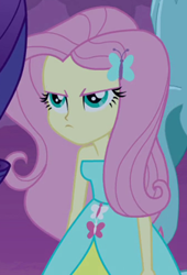 Size: 226x332 | Tagged: safe, derpibooru import, screencap, fluttershy, rarity, equestria girls, equestria girls (movie), angry, bare shoulders, cropped, cute, fall formal outfits, fluttershy is not amused, madorable, offscreen character, sleeveless, strapless, unamused