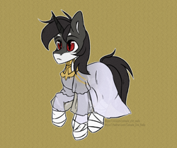 Size: 2610x2184 | Tagged: safe, artist:bakery, derpibooru import, oc, oc:kain invicta, pony, unicorn, bandage, clothes, crossdressing, dark souls, femboy, jewelry, male, simple background, solo, stallion