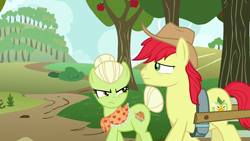 Size: 1920x1080 | Tagged: safe, derpibooru import, screencap, bright mac, granny smith, earth pony, pony, the perfect pear, female, head shake, male, mare, mother and child, mother and son, parent and child, stallion, young granny smith, younger