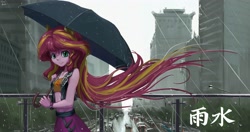 Size: 4096x2160 | Tagged: safe, artist:tinybenz, derpibooru import, part of a set, sunset shimmer, equestria girls, bandeau, chinese, city, clothes, female, human coloration, long hair, looking at you, midriff, rain, solo, umbrella, very long hair, vest, windswept hair