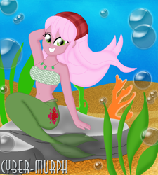 Size: 1952x2168 | Tagged: safe, artist:cyber-murph, derpibooru import, raspberry lilac, mermaid, equestria girls, equestria girls series, background human, bandana, belly, belly button, bubble, coral, cute, cutie mark, flowing hair, flowing mane, jewelry, mermaidized, midriff, necklace, rock, seaweed, signature, sitting, species swap, tube top