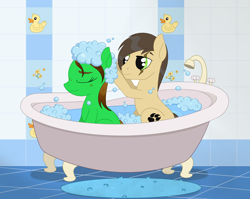 Size: 2547x2027 | Tagged: safe, artist:dyonys, derpibooru import, oc, oc:lucky brush, oc:night chaser, earth pony, pony, bath, bathroom, bathtub, bubble bath, female, freckles, husband and wife, luckychaser, male, mare, married couples doing married things, rubber duck, scar, stallion, washing hair, wet, wet mane