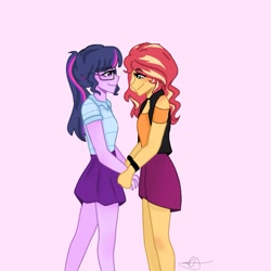 Size: 833x833 | Tagged: safe, artist:enbystarly, derpibooru import, sci-twi, sunset shimmer, twilight sparkle, equestria girls, blushing, clothes, female, holding hands, lesbian, lidded eyes, scitwishimmer, shipping, shirt, skirt, smiling, sunsetsparkle, vest