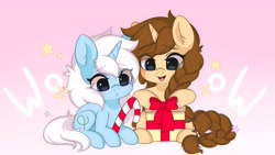 Size: 4096x2304 | Tagged: safe, artist:yomechka, derpibooru import, oc, oc only, pony, unicorn, bow, candy, candy cane, food, present, smiling