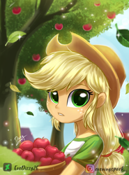 Size: 1480x2000 | Tagged: safe, artist:evedizzy26, derpibooru import, applejack, better together, equestria girls, apple, apple tree, bucket, bust, cute, falling leaves, female, jackabetes, leaves, looking at you, solo, tree
