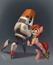 Size: 3328x4096 | Tagged: safe, artist:taneysha, derpibooru import, oc, oc only, oc:rusty gears, earth pony, pony, robot, clothes, mouth hold, scarf, screwdriver, socks, striped socks