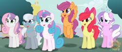 Size: 1024x439 | Tagged: safe, artist:leanne264, derpibooru import, apple bloom, diamond tiara, princess flurry heart, scootaloo, silver spoon, sweetie belle, alicorn, earth pony, pegasus, pony, unicorn, cutie mark crusaders, female, mare, movie accurate, older, older apple bloom, older cmc, older diamond tiara, older flurry heart, older scootaloo, older silver spoon, older sweetie belle, scootaloo can fly