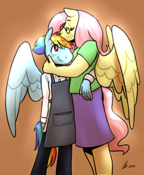 Size: 1280x1554 | Tagged: safe, artist:rwl, derpibooru import, fluttershy, rainbow dash, anthro, pegasus, arm around back, commission, eyes closed, female, flutterdash, forehead kiss, glasses, height difference, kissing, lesbian, shipping, tallershy