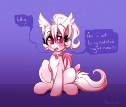 Size: 2544x2160 | Tagged: safe, artist:confetticakez, derpibooru import, oc, oc only, oc:cream puff, bat pony, pony, bat pony oc, chest fluff, collar, confused, dialogue, female, mare, one hoof raised, ponytail, simple background, sitting, solo