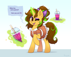 Size: 3581x2873 | Tagged: safe, artist:confetticakez, derpibooru import, oc, oc:awkward dork, pony, unicorn, blushing, boba tea, bow, clothes, commission, crossdressing, dialogue, dress, drink, eyeshadow, femboy, freckles, hair bow, levitation, magic, makeup, male, ponytail, simple background, solo, stallion, telekinesis