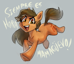 Size: 618x534 | Tagged: safe, derpibooru import, oc, oc only, oc:maría teresa de los ponyos paguetti, earth pony, pony, female, looking at you, mare, open mouth, simple background, smiling, spanish, ya es hora