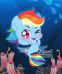 Size: 1563x1866 | Tagged: safe, artist:catseyeart, derpibooru import, rainbow dash, pegasus, pony, seapony (g4), 2017, blushing, bubble, chibi, coral, dorsal fin, female, fin wings, fish tail, flowing mane, flowing tail, jewelry, logo, looking at you, necklace, ocean, one eye closed, pink eyes, seaponified, seapony rainbow dash, smiling, solo, sparkles, species swap, starry eyes, tail, underwater, water, wingding eyes, wings, wink