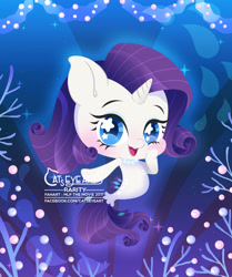 Size: 1563x1866 | Tagged: safe, artist:catseyeart, derpibooru import, rarity, pony, seapony (g4), unicorn, 2017, blue eyes, blushing, bubble, chibi, coral, dorsal fin, female, fish tail, flowing mane, flowing tail, horn, jewelry, logo, looking at you, necklace, ocean, open mouth, seaponified, seapony rarity, smiling, solo, sparkles, species swap, starry eyes, tail, underwater, water, wingding eyes