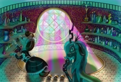 Size: 3270x2208 | Tagged: safe, artist:arkolo, derpibooru import, queen chrysalis, oc, oc:plain thatch, changeling, fanfic:chrysalis wins, bathroom, bottle, clothes, fanfic art, maid, stained glass, tub
