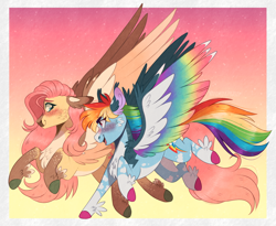 Size: 1496x1224 | Tagged: safe, artist:wanderingpegasus, derpibooru import, fluttershy, rainbow dash, pegasus, pony, alternate hairstyle, blaze (coat marking), blushing, chest fluff, coat markings, colored hooves, colored wings, feathered fetlocks, female, flutterdash, freckles, lesbian, looking at each other, mare, multicolored wings, open mouth, pale belly, rainbow wings, raised hoof, raised leg, redesign, running, shipping, socks (coat marking), two toned wings, unshorn fetlocks, wings
