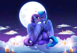 Size: 4000x2730 | Tagged: safe, artist:confetticakez, derpibooru import, oc, oc only, oc:noxy, oc:windy dripper, pegasus, pony, blushing, candle, cloud, commission, cute, eyes closed, fire, folded wings, gay, heart, hoof hold, kissing, male, moon, night, night sky, noxydrip, oc x oc, outdoors, romantic, shipping, sitting, sky, stallion, stars, wings
