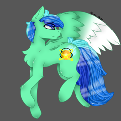 Size: 438x438 | Tagged: safe, artist:crazy_artz_35, artist:jadebreeze115, derpibooru import, oc, oc only, oc:jade breeze, pegasus, pony, anatomically incorrect, blue eyes, blue hair, chest fluff, colored wings, cutie mark, fanart, flying, gradient wings, gray background, hooves, looking back, request, requested art, simple background, solo, spread wings, wings
