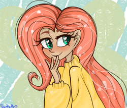 Size: 1920x1646 | Tagged: safe, artist:pumpkin-pie-13, derpibooru import, fluttershy, human, abstract background, clothes, heart eyes, humanized, solo, sweater, sweatershy, wingding eyes