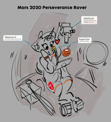 Size: 1677x1844 | Tagged: safe, artist:alumx, derpibooru import, oc, pony, robot, robot pony, unicorn, cheek squish, diagram, female, mars rover, perseverance, sketch, solo, squishy cheeks, wheel