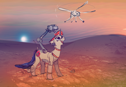 Size: 3904x2685 | Tagged: safe, artist:alumx, derpibooru import, oc, pony, robot, robot pony, unicorn, drone, female, ingenuity, mars, mars rover, open mouth, perseverance, ponified, solo