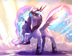 Size: 1694x1300 | Tagged: safe, artist:xbi, derpibooru import, princess celestia, alicorn, pony, abstract background, female, mare, raised hoof, raised leg, solo, spread wings, wings