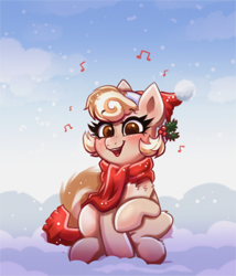 Size: 776x906 | Tagged: safe, artist:confetticakez, derpibooru import, oc, oc:cinnamon spangled, earth pony, pony, blushing, caroling, chest fluff, christmas, clothes, female, hat, holiday, holly, mare, music notes, santa hat, scarf, singing, sitting, snow, solo, winter