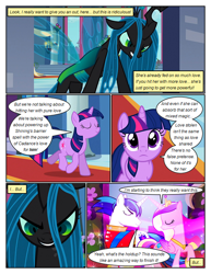 Size: 612x792 | Tagged: safe, artist:newbiespud, derpibooru import, edit, edited screencap, screencap, princess cadance, queen chrysalis, shining armor, twilight sparkle, unicorn twilight, alicorn, changeling, changeling queen, pony, unicorn, comic:friendship is dragons, a canterlot wedding, angry, clothes, comic, dialogue, evil grin, eyelashes, eyes closed, female, frown, grin, hoof shoes, indoors, jewelry, looking back, looking up, male, mare, peytral, raised hoof, raised leg, screencap comic, smiling, stallion, tiara