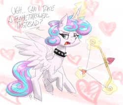 Size: 1538x1317 | Tagged: safe, artist:flutterthrash, princess flurry heart, alicorn, pony, abstract background, arrow, bow (weapon), bow and arrow, choker, cupid, dialogue, female, flying, heart, heart arrow, hearts and hooves day, levitation, lidded eyes, magic, mare, older, older flurry heart, princess emo heart, solo, spiked choker, spread wings, telekinesis, unamused, valentine's day, weapon