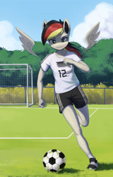 Size: 1900x2974 | Tagged: safe, artist:mrscroup, oc, oc only, oc:anja snow, anthro, pegasus, clothes, commission, female, football, german dash, germany, high res, not rainbow dash, pegasus oc, running, shoes, shorts, smiling, soccer ball (object), soccer field, solo, sports, tree, uniform, wings