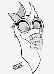 Size: 4000x5500 | Tagged: safe, artist:evan555alpha, ponybooru exclusive, oc, oc only, oc:yvette (evan555alpha), changeling, evan's daily buggo, backwards, bust, changeling oc, dorsal fin, fangs, female, glasses, happy, looking at you, mouth hold, mundane utility, note, object, question, question mark, round glasses, signature, simple background, sketch, solo, white background