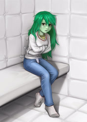 Size: 1130x1600 | Tagged: safe, artist:vyazinrei, wallflower blush, equestria girls, bed, bondage, clothes, female, freckles, messy hair, missing shoes, nervous, padded cell, pants, sad, sitting, socks, solo, stocking feet, straitjacket